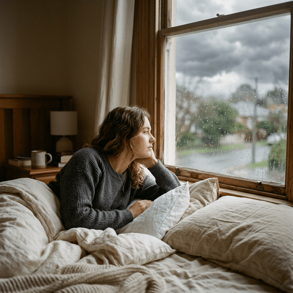 Woman in gray sweater lying in bed looking out window on a rainy day